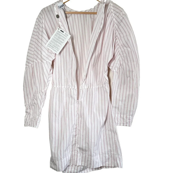 Ganni Stripe Long Puff Sleeve Cotton Mini Dress Cherry Blossom size 38/M/6 - Picture 9 of 16
